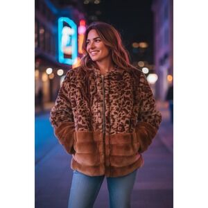 Mystree Monticello Faux Jacket MEDIUM Leopard Print Cozy Soft Mob Wife Old Money